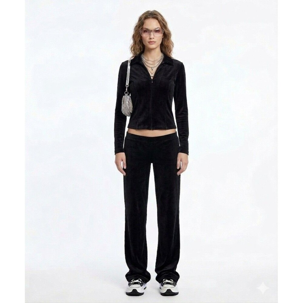 Jones New York Sport Y2K Black Velour Quarter Zip Hoodie, Tracksuit Top Medium